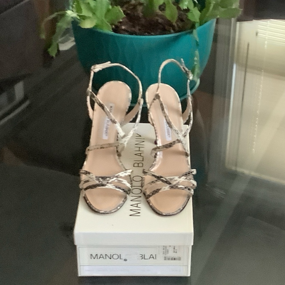 Manolo Blahnik Silver Strappy Heels 
Worn twice dust bag box included
